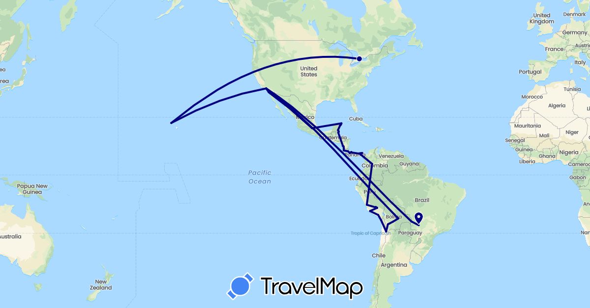 TravelMap itinerary: driving in Bolivia, Brazil, Belize, Canada, Chile, Colombia, Costa Rica, Mexico, Nicaragua, Panama, Peru, United States (North America, South America)